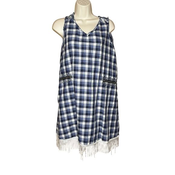 Pol Blue Plaid Embroidered Fringe Sleeveless Dress S NWOT - Picture 2 of 7
